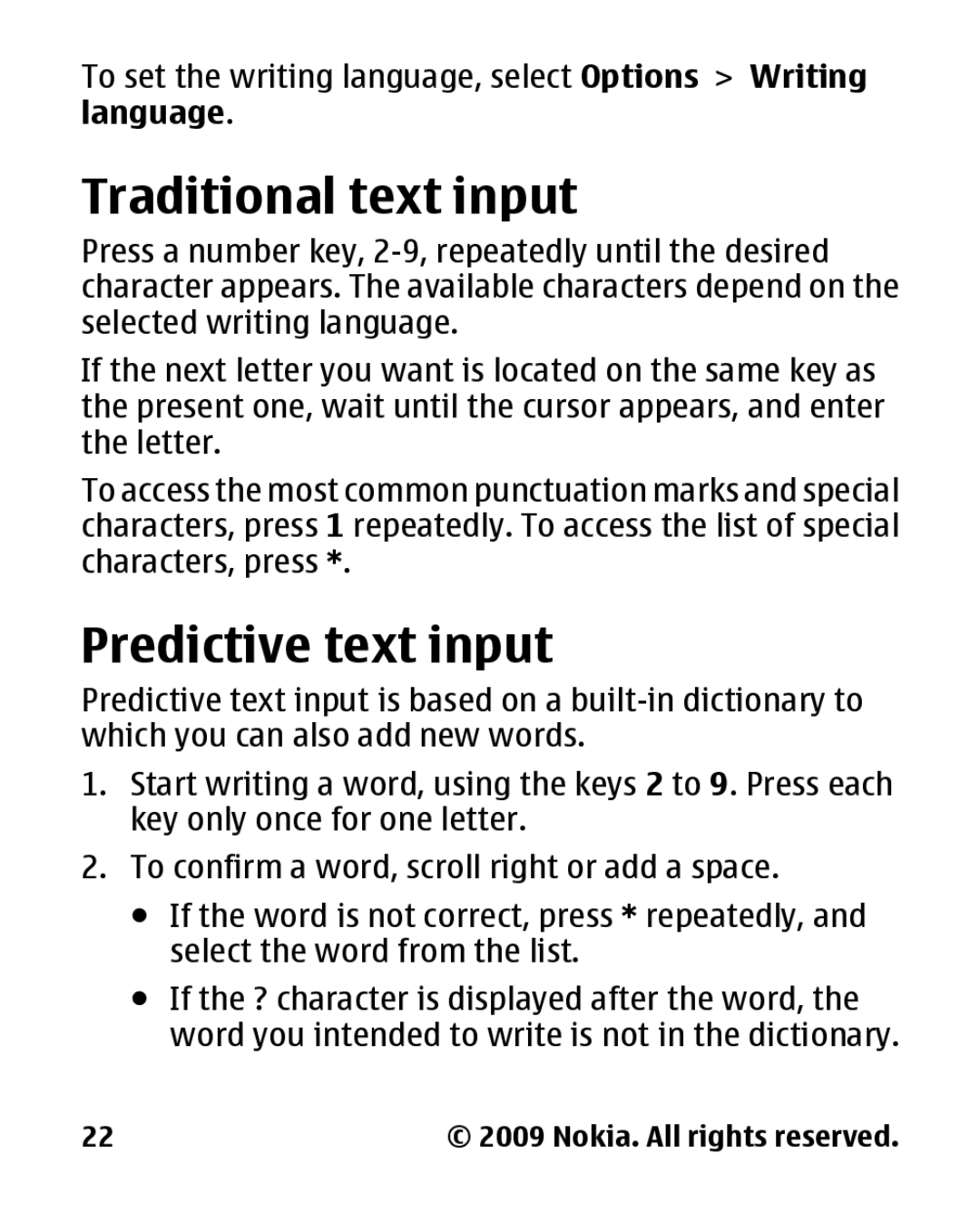 Nokia 2330 manual Traditional text input, Predictive text input 