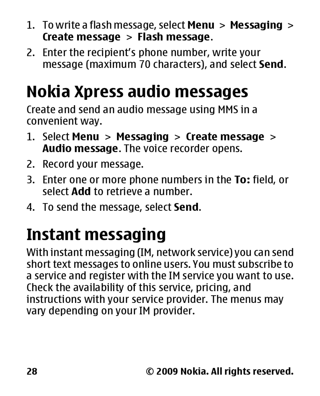 Nokia 2330 manual Nokia Xpress audio messages, Instant messaging, Create message Flash message 