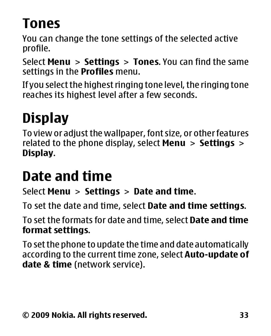 Nokia 2330 manual Tones, Display, Select Menu Settings Date and time 