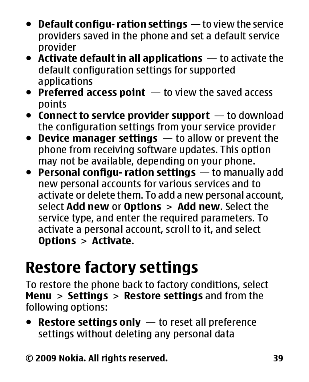 Nokia 2330 manual Restore factory settings 