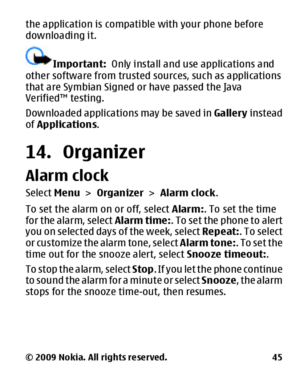 Nokia 2330 manual Select Menu Organizer Alarm clock 