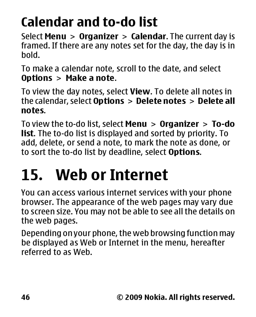 Nokia 2330 manual Web or Internet, Calendar and to-do list 