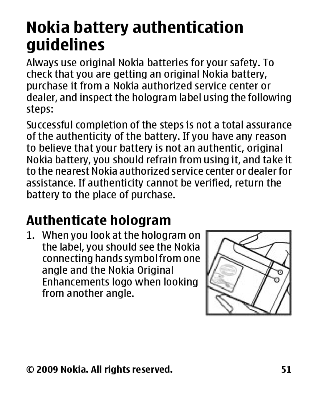 Nokia 2330 manual Nokia battery authentication guidelines, Authenticate hologram 