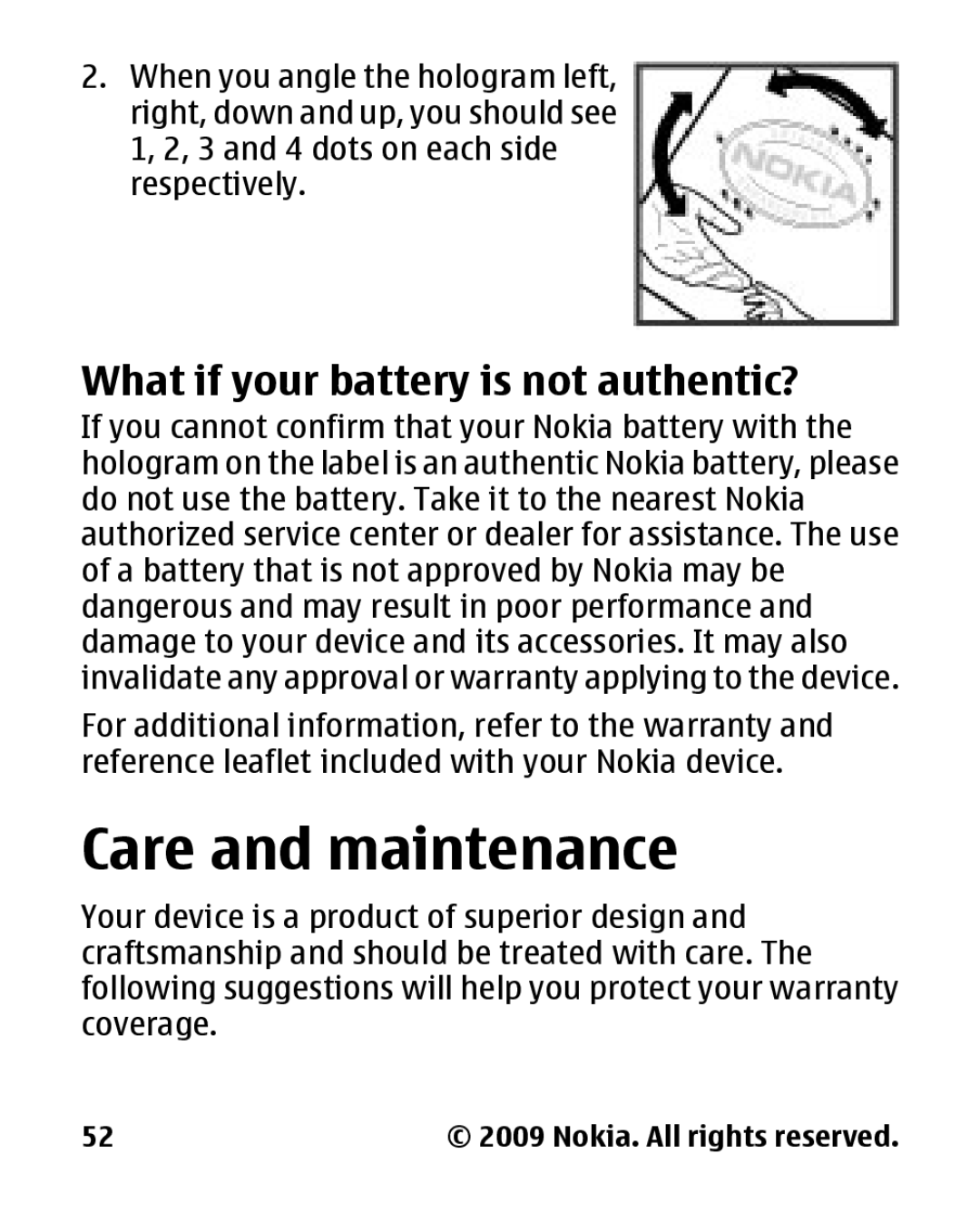 Nokia 2330 manual Care and maintenance, What if your battery is not authentic? 