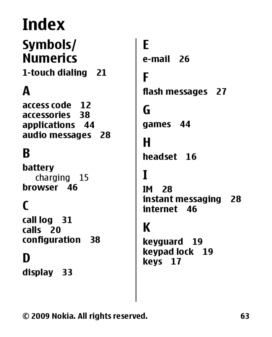 Nokia 2330 manual Index, Symbols Numerics 