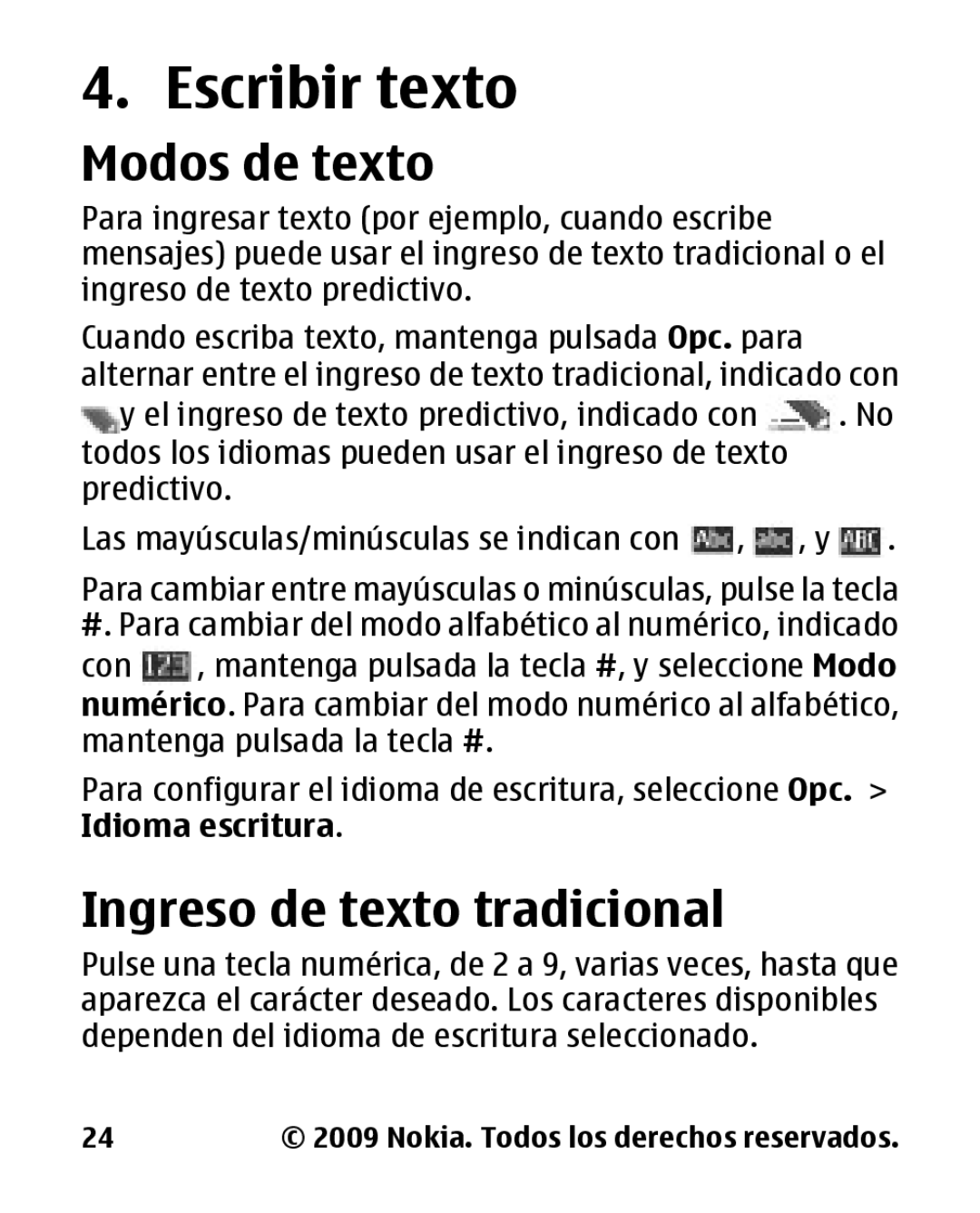 Nokia 2330 manual Escribir texto, Modos de texto, Ingreso de texto tradicional 