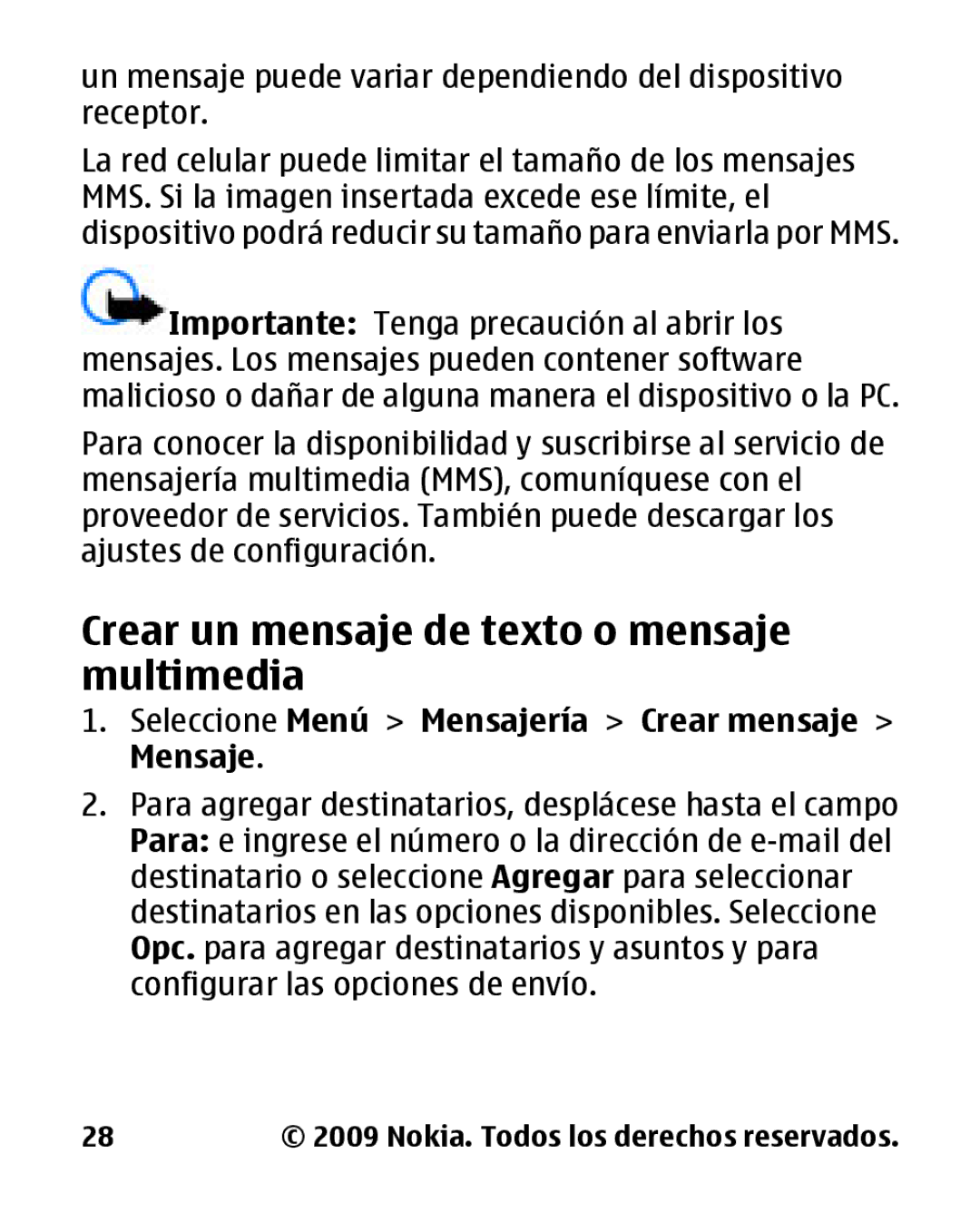 Nokia 2330 manual Crear un mensaje de texto o mensaje multimedia, Seleccione Menú Mensajería Crear mensaje Mensaje 