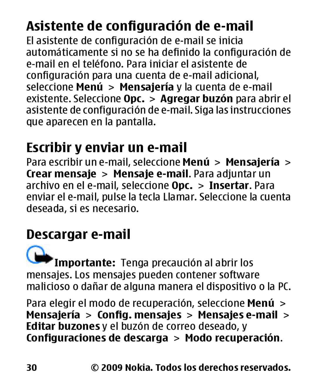 Nokia 2330 manual Asistente de configuración de e-mail, Escribir y enviar un e-mail, Descargar e-mail 