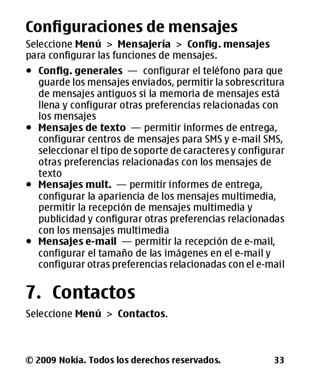 Nokia 2330 manual Contactos, Configuraciones de mensajes 