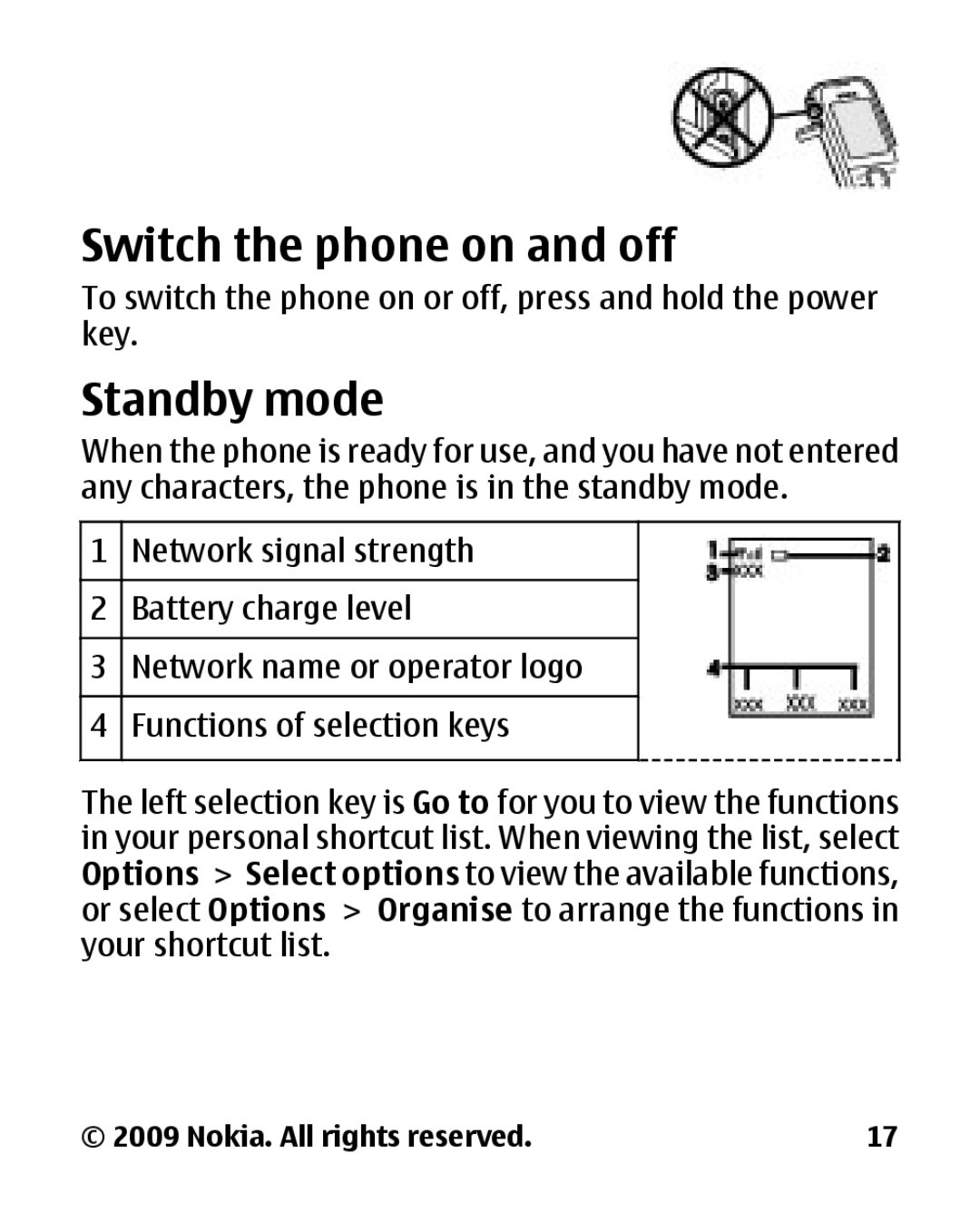 Nokia 2330C manual Switch the phone on and off, Standby mode 