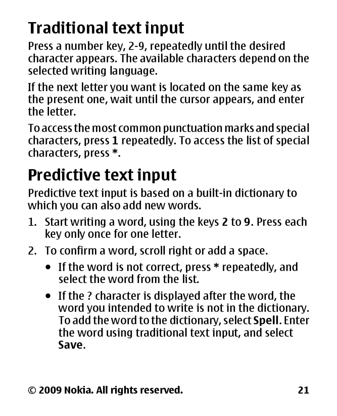 Nokia 2330C manual Traditional text input, Predictive text input 