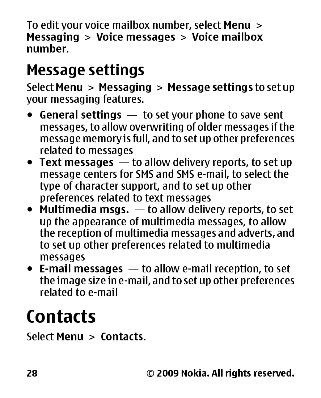 Nokia 2330C manual Message settings, Select Menu Contacts 