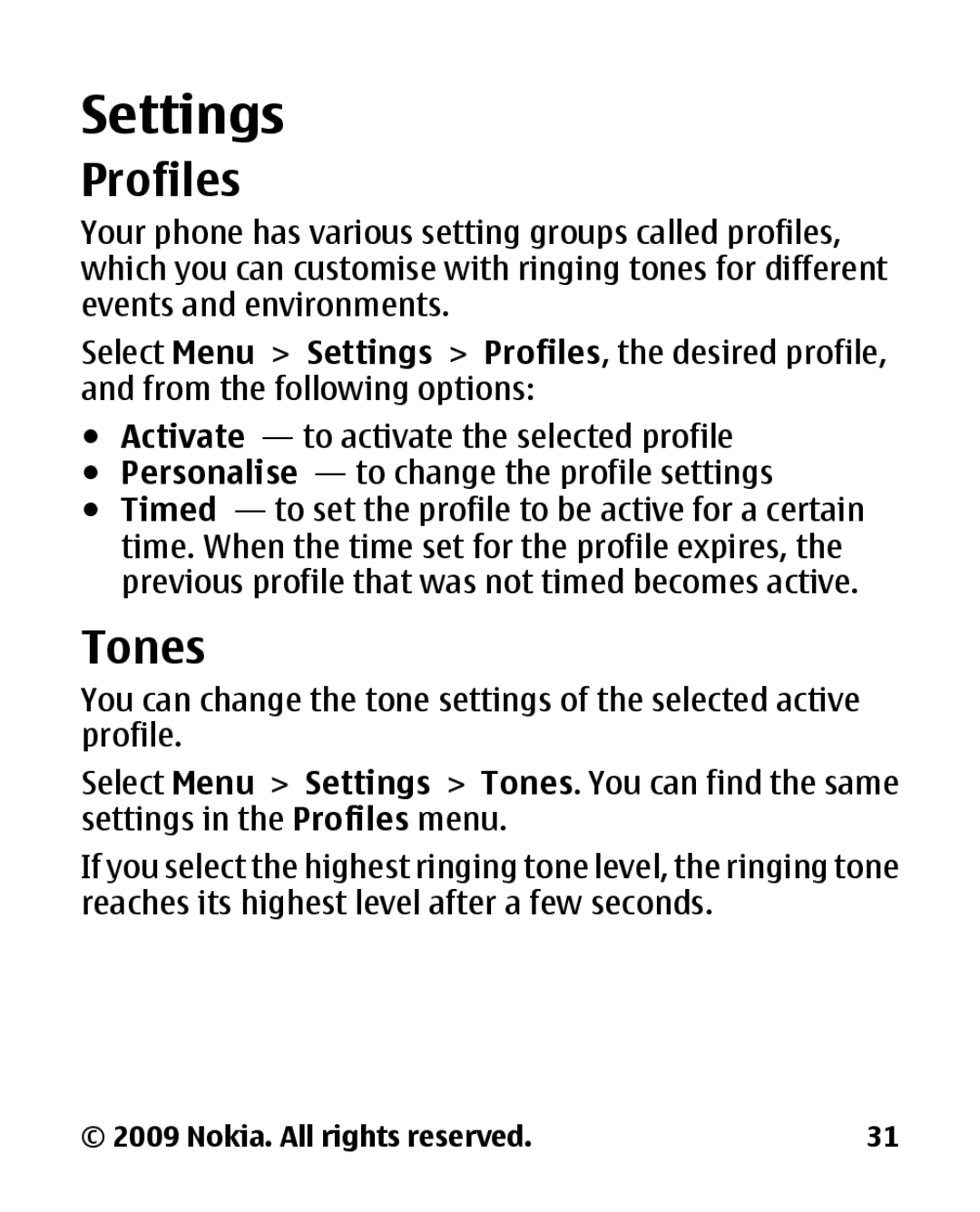 Nokia 2330C manual Settings, Profiles, Tones 