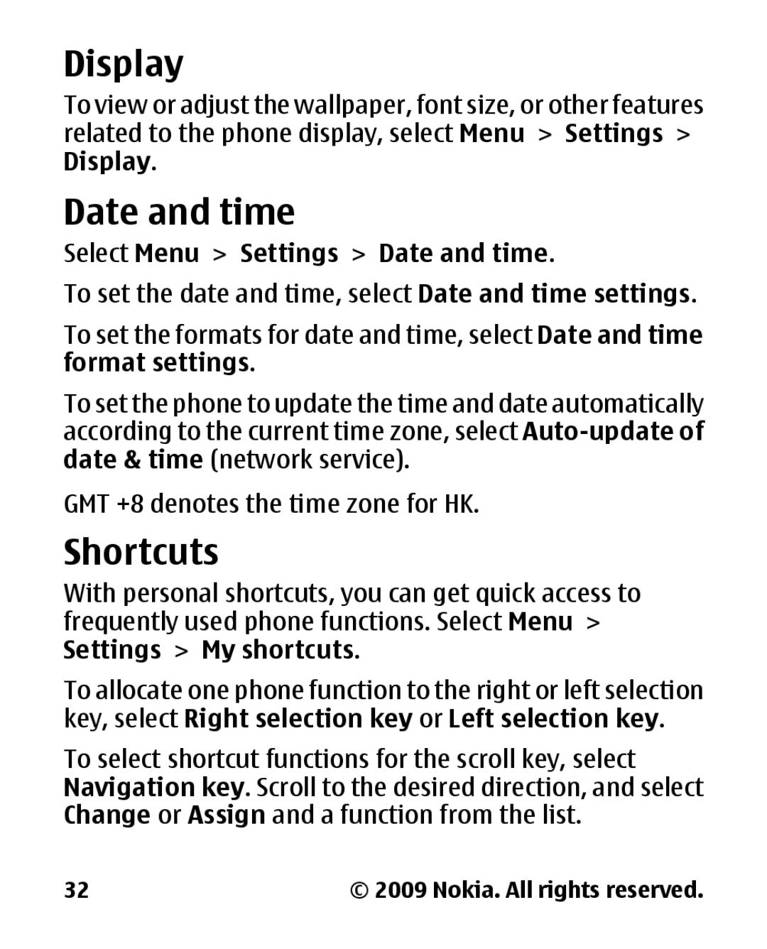 Nokia 2330C manual Display, Shortcuts, Select Menu Settings Date and time 