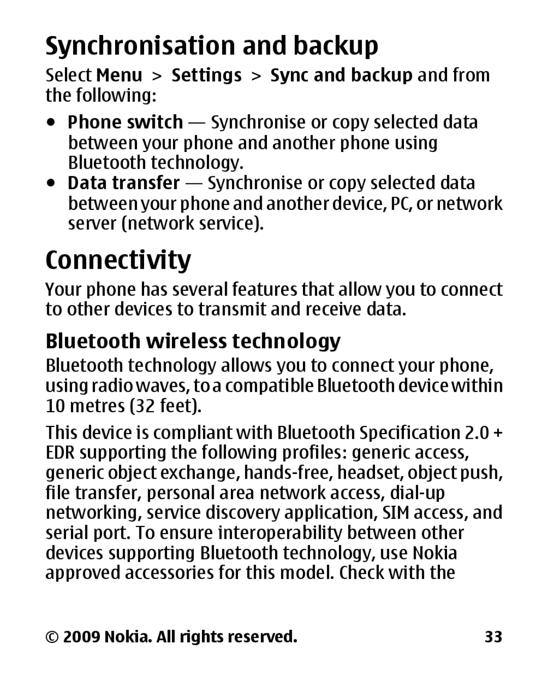 Nokia 2330C manual Synchronisation and backup, Connectivity, Bluetooth wireless technology 