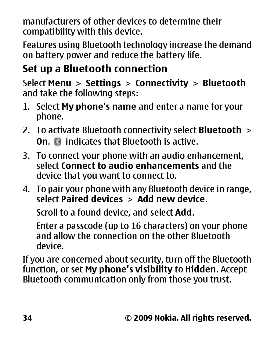 Nokia 2330C manual Set up a Bluetooth connection 