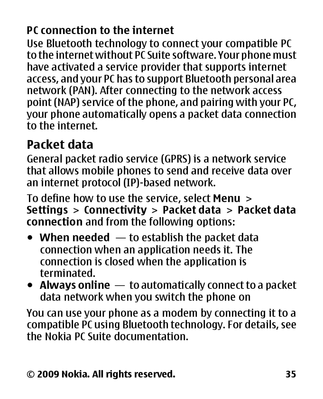 Nokia 2330C manual Packet data, PC connection to the internet 