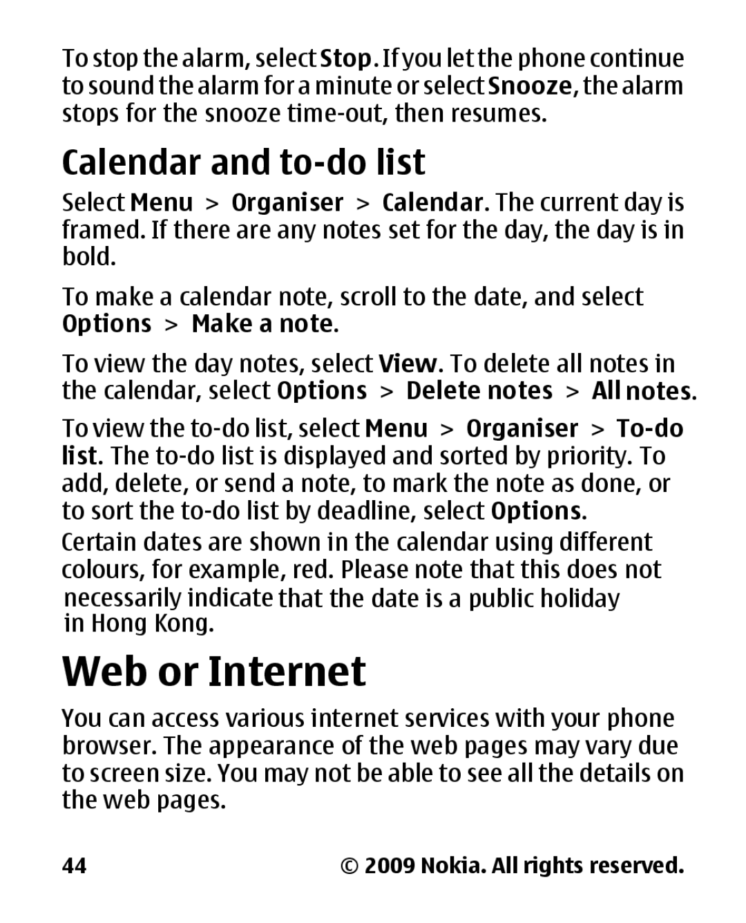Nokia 2330C manual Web or Internet, Calendar and to-do list 