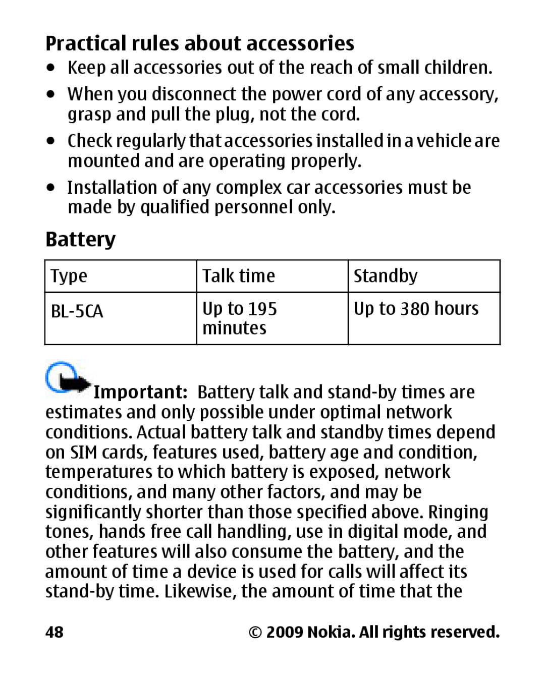 Nokia 2330C manual Practical rules about accessories, BL-5CA 