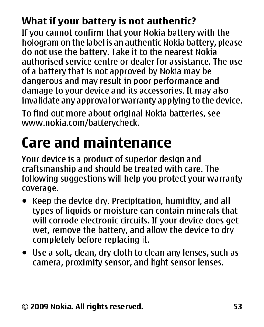 Nokia 2330C manual Care and maintenance, What if your battery is not authentic? 