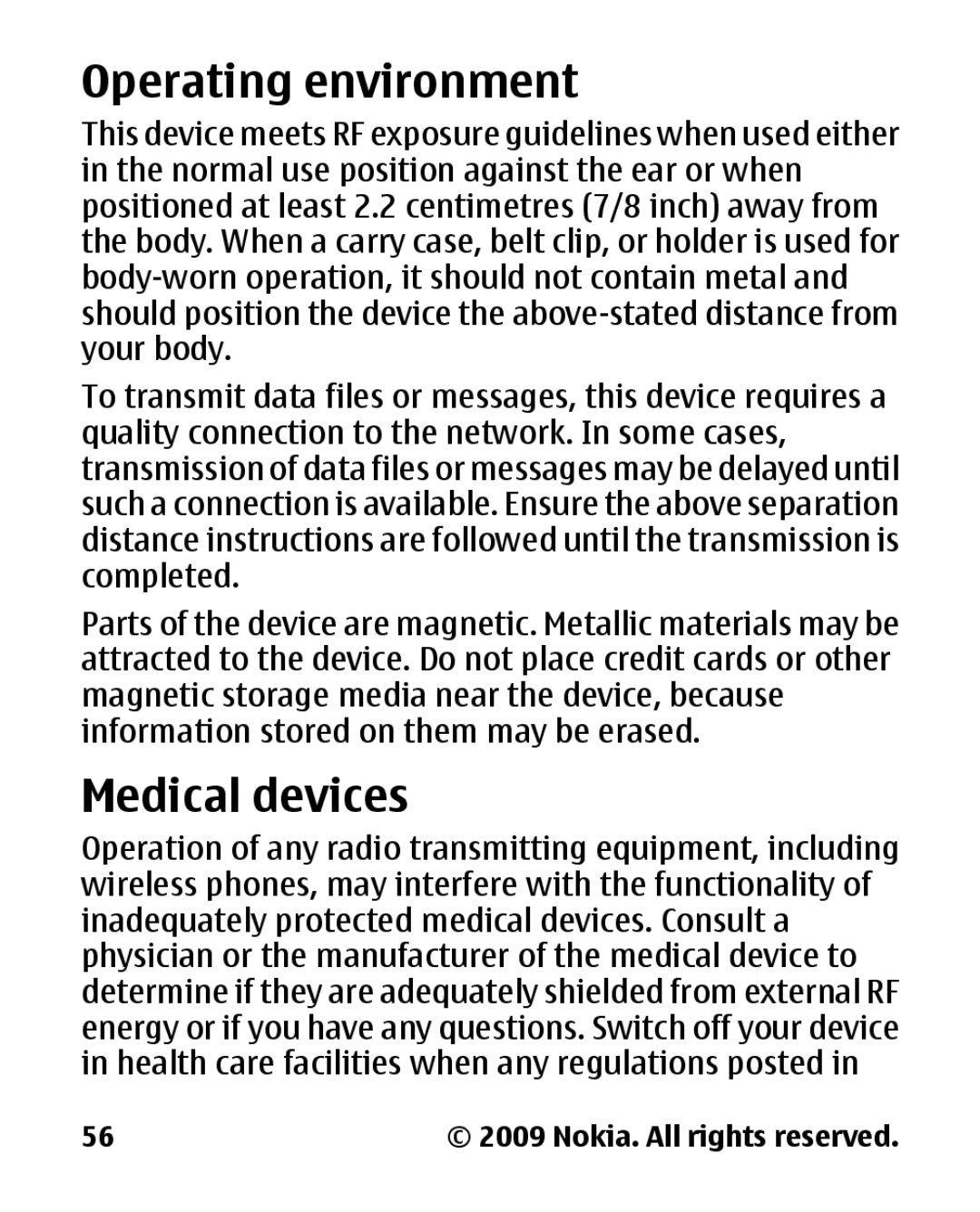 Nokia 2330C manual Operating environment, Medical devices 