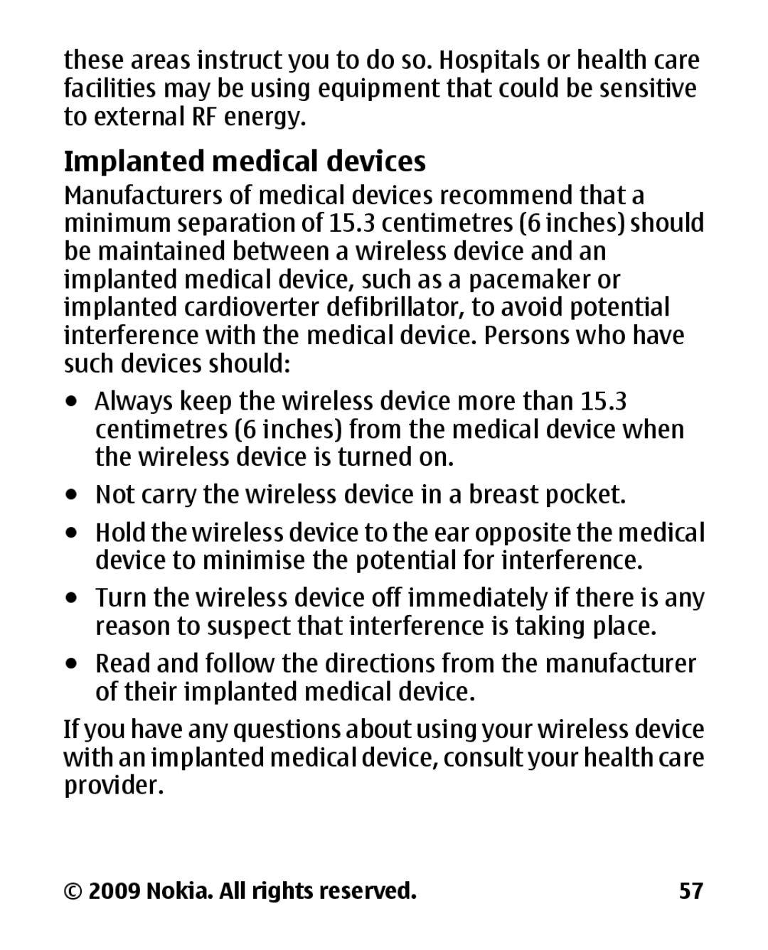 Nokia 2330C manual Implanted medical devices 