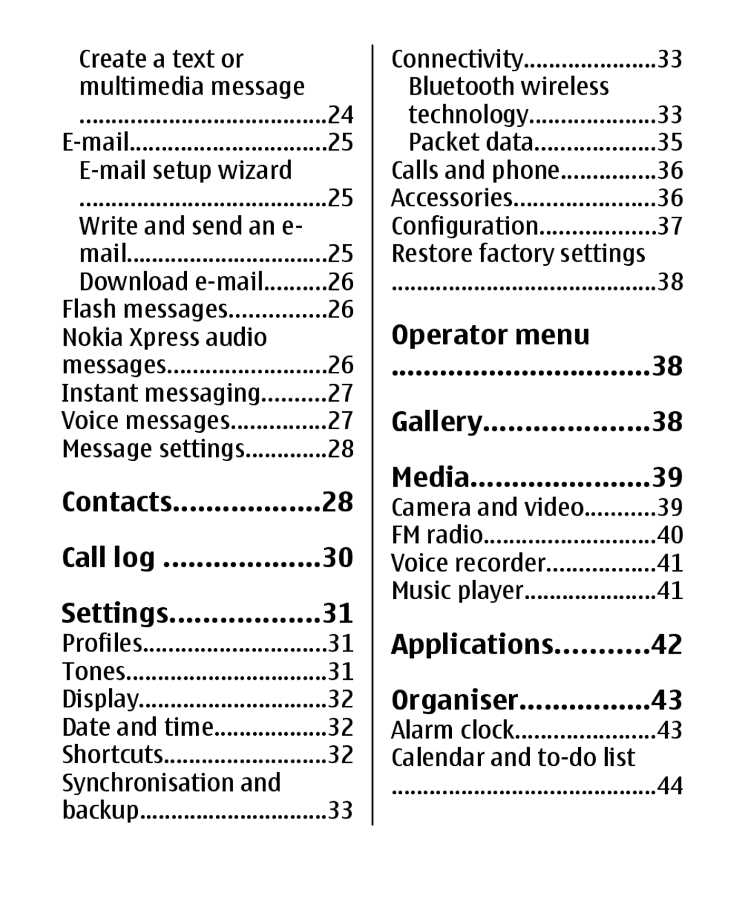 Nokia 2330C manual Operator menu, Gallery, Media Contacts, Call log, Settings, Applications, Organiser 