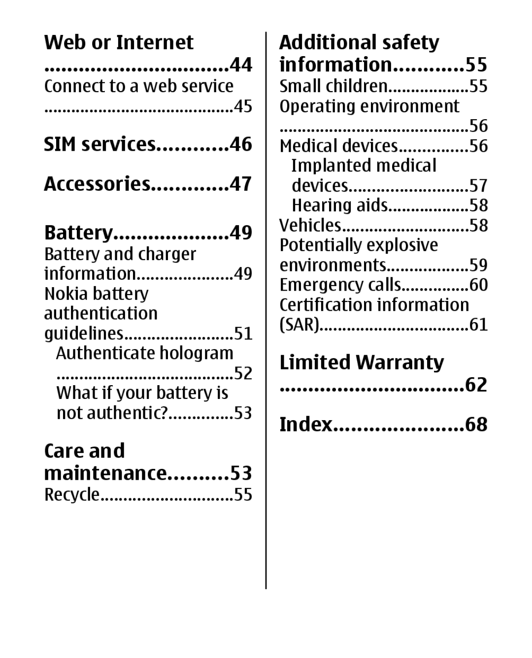 Nokia 2330C Web or Internet, SIM services Accessories Battery, Care Maintenance, Additional safety Information, Index 