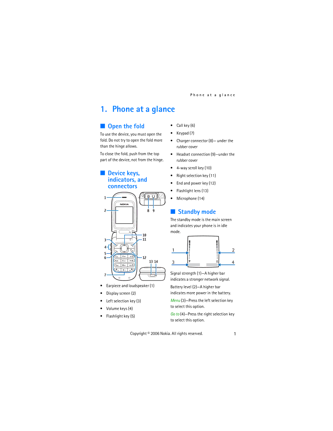 Nokia 2355 manual Phone at a glance, Open the fold, Standby mode, Device keys, indicators, and connectors 