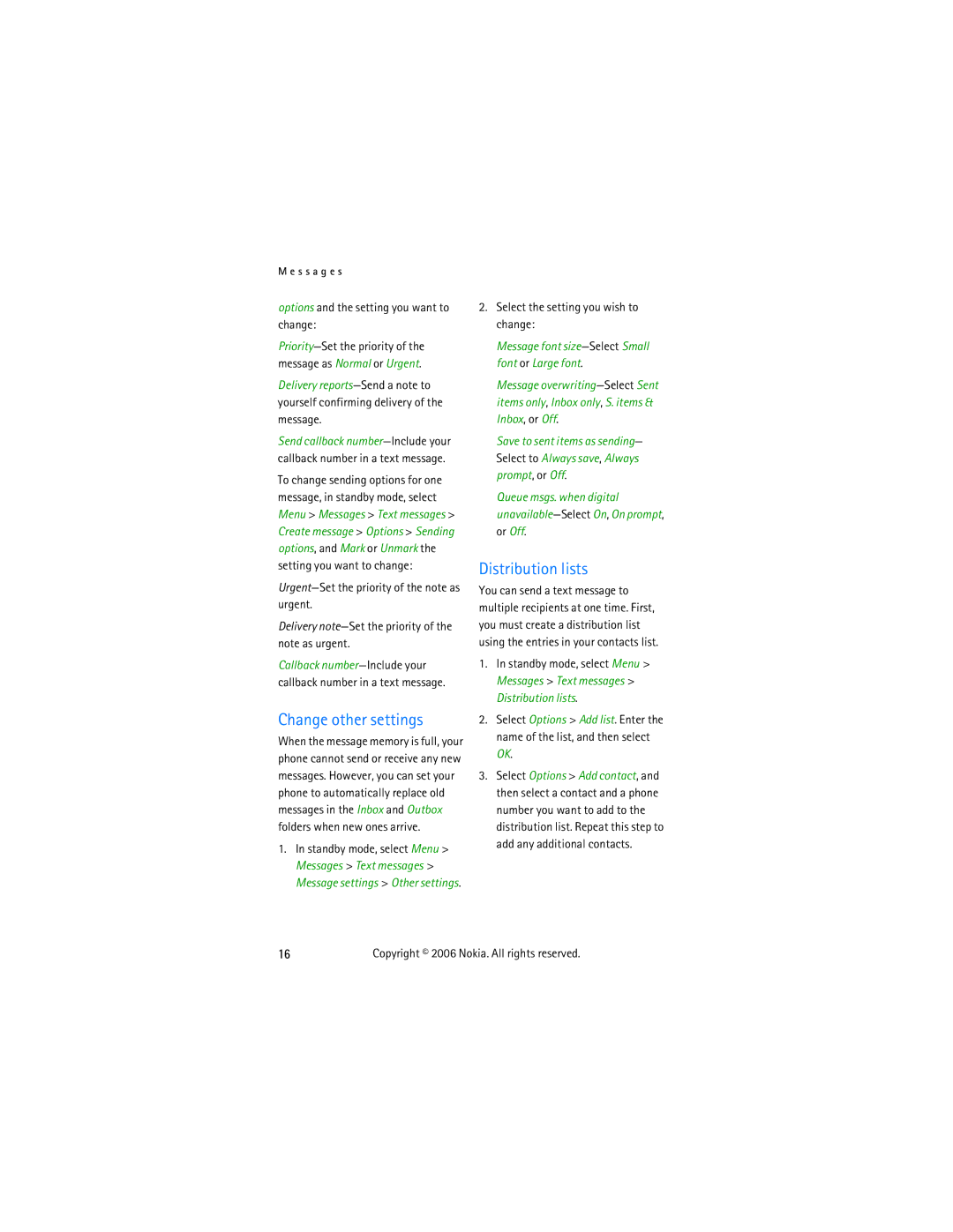 Nokia 2355 manual Change other settings, Distribution lists, Options and the setting you want to change 