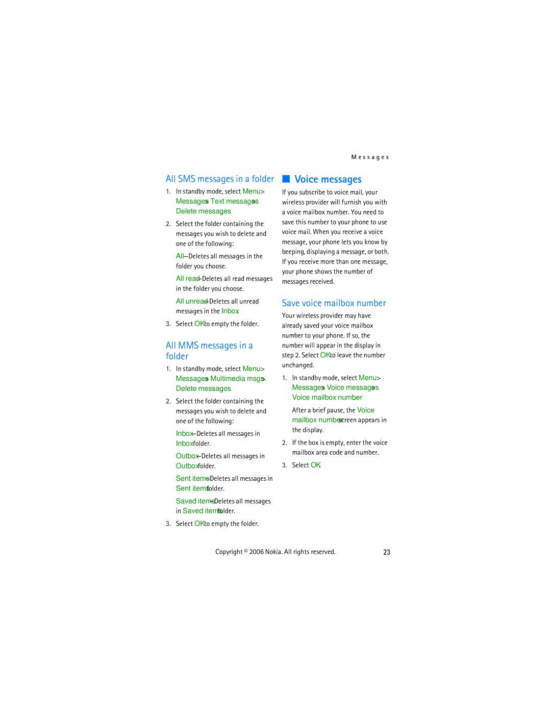 Nokia 2355 manual All SMS messages in a folder Voice messages, All MMS messages in a folder, Save voice mailbox number 