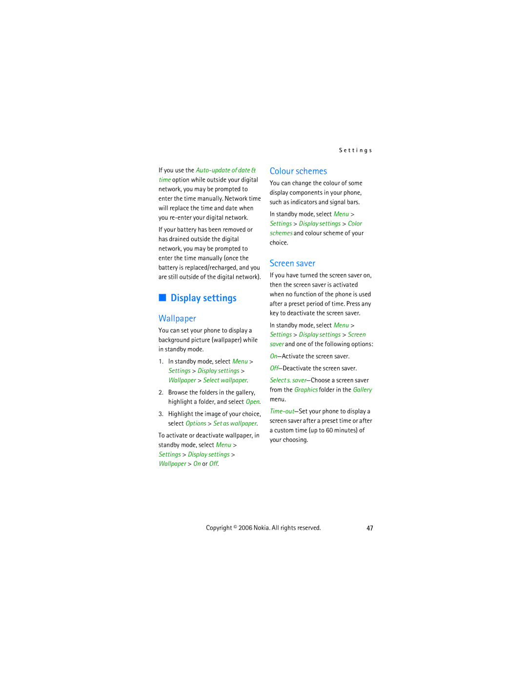 Nokia 2355 manual Display settings, Wallpaper, Colour schemes, Screen saver 