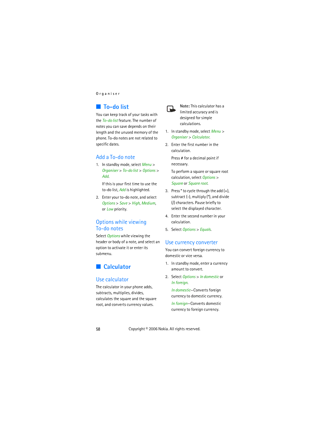 Nokia 2355 manual To-do list, Calculator, Add a To-do note, Use calculator, Use currency converter 