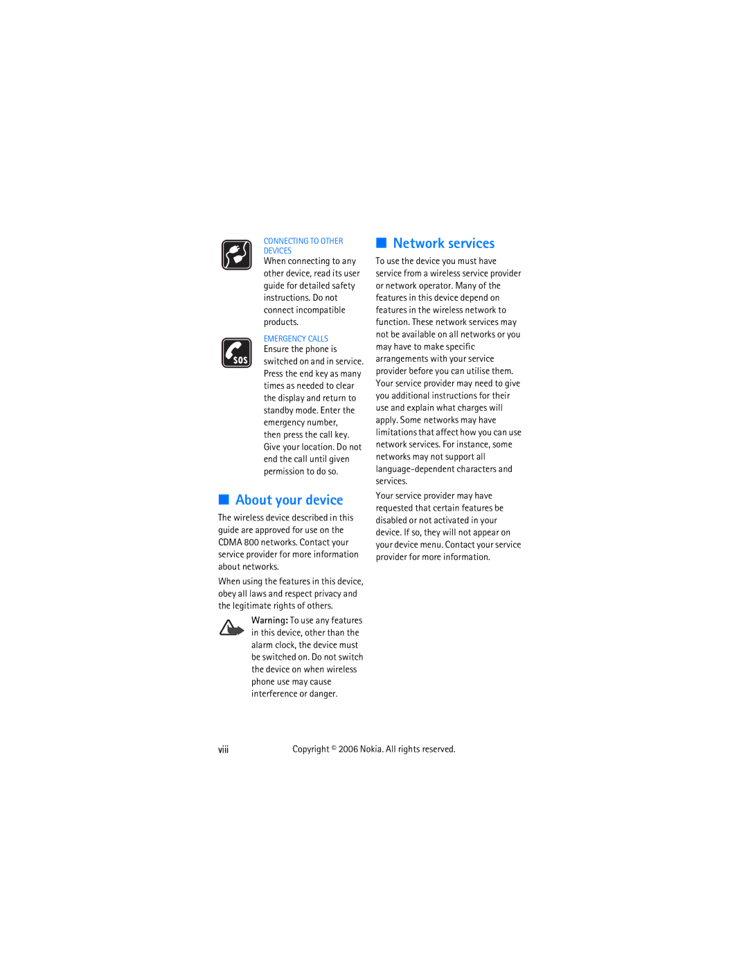 Nokia 2355 manual About your device, Network services, Viii Copyright 2006 Nokia. All rights reserved 