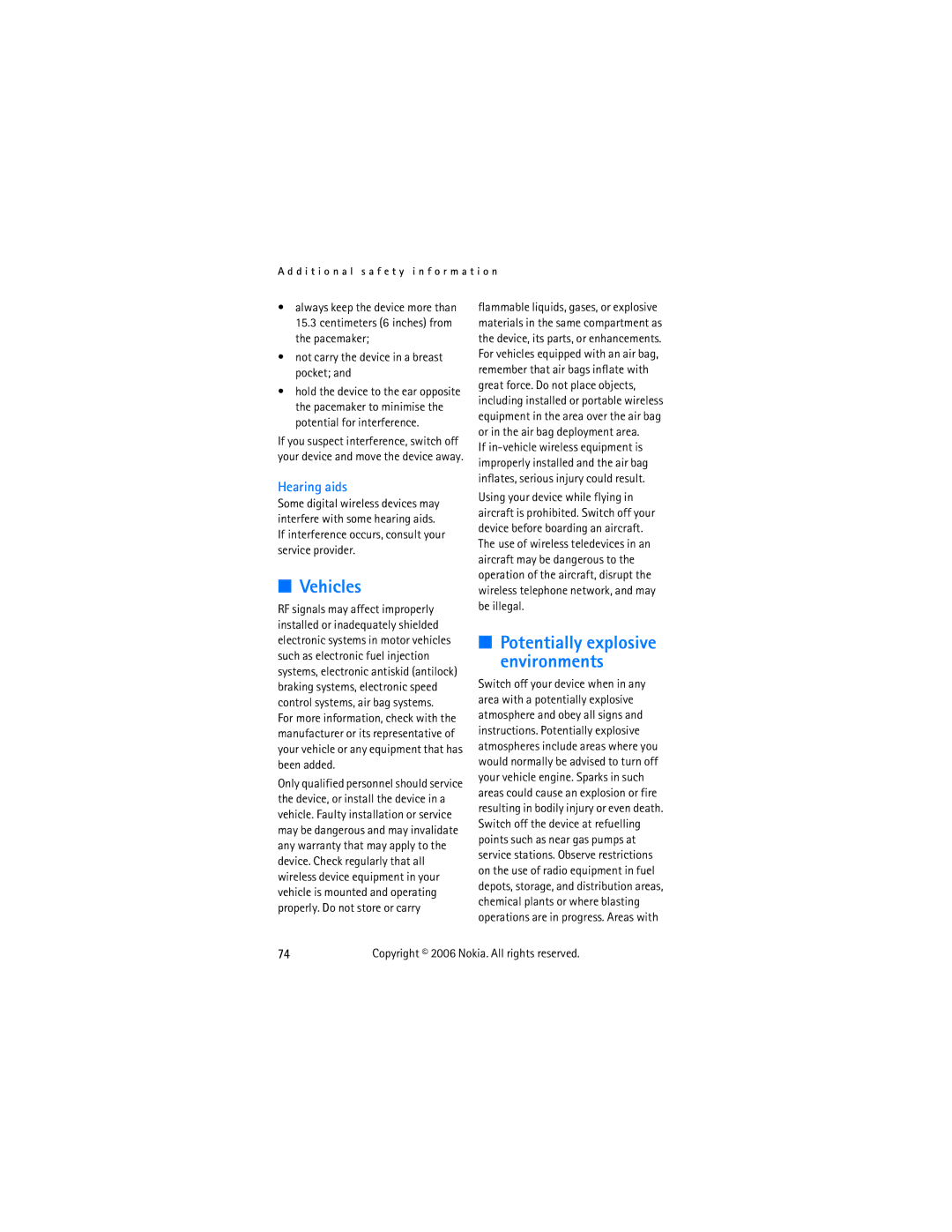 Nokia 2355 manual Vehicles, Potentially explosive environments, Not carry the device in a breast pocket 