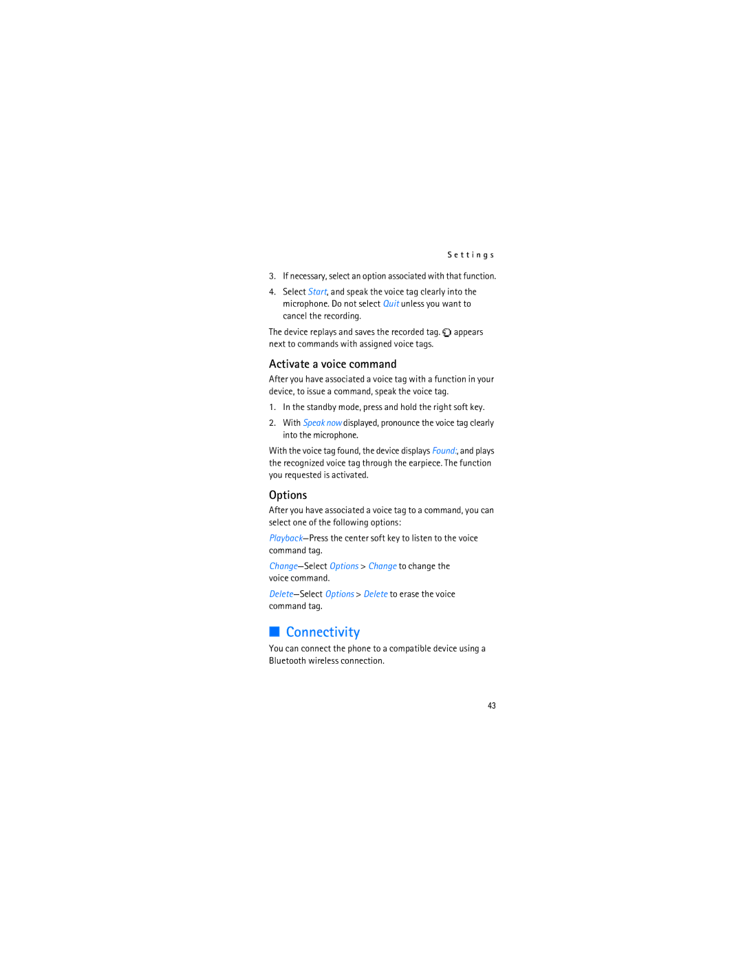 Nokia 2366i manual Connectivity, Activate a voice command, Options 