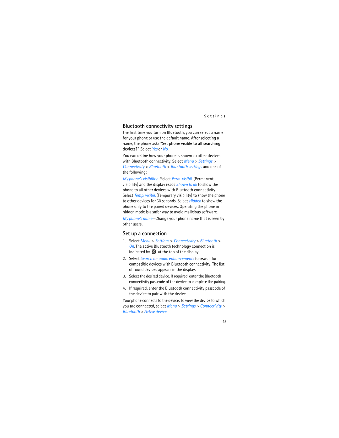 Nokia 2366i manual Bluetooth connectivity settings, Set up a connection, Indicated by at the top of the display 