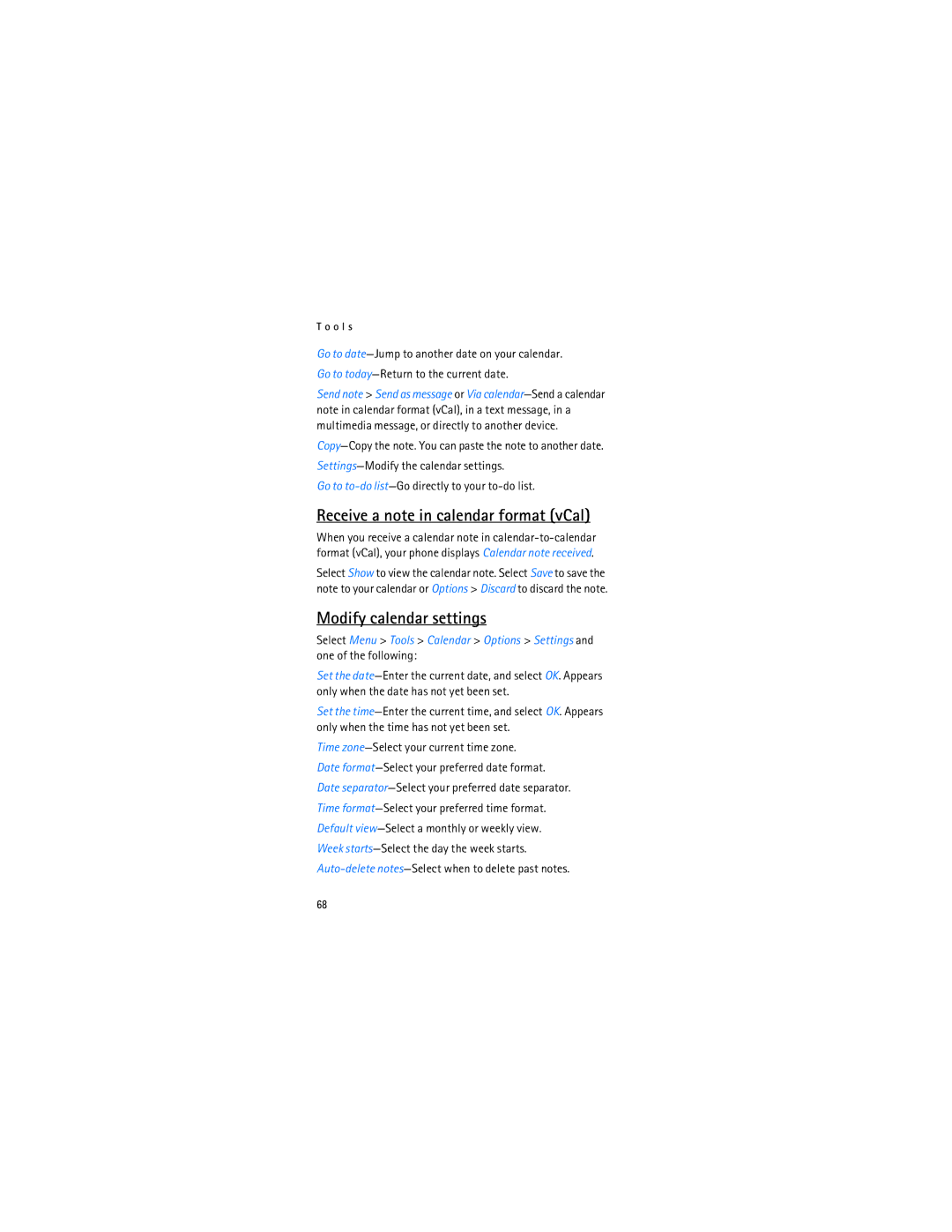 Nokia 2366i manual Receive a note in calendar format vCal, Modify calendar settings 