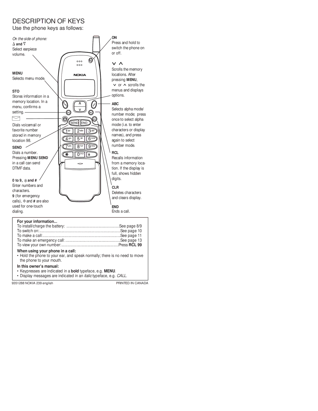 Nokia 239 manual Description of Keys, Use the phone keys as follows 