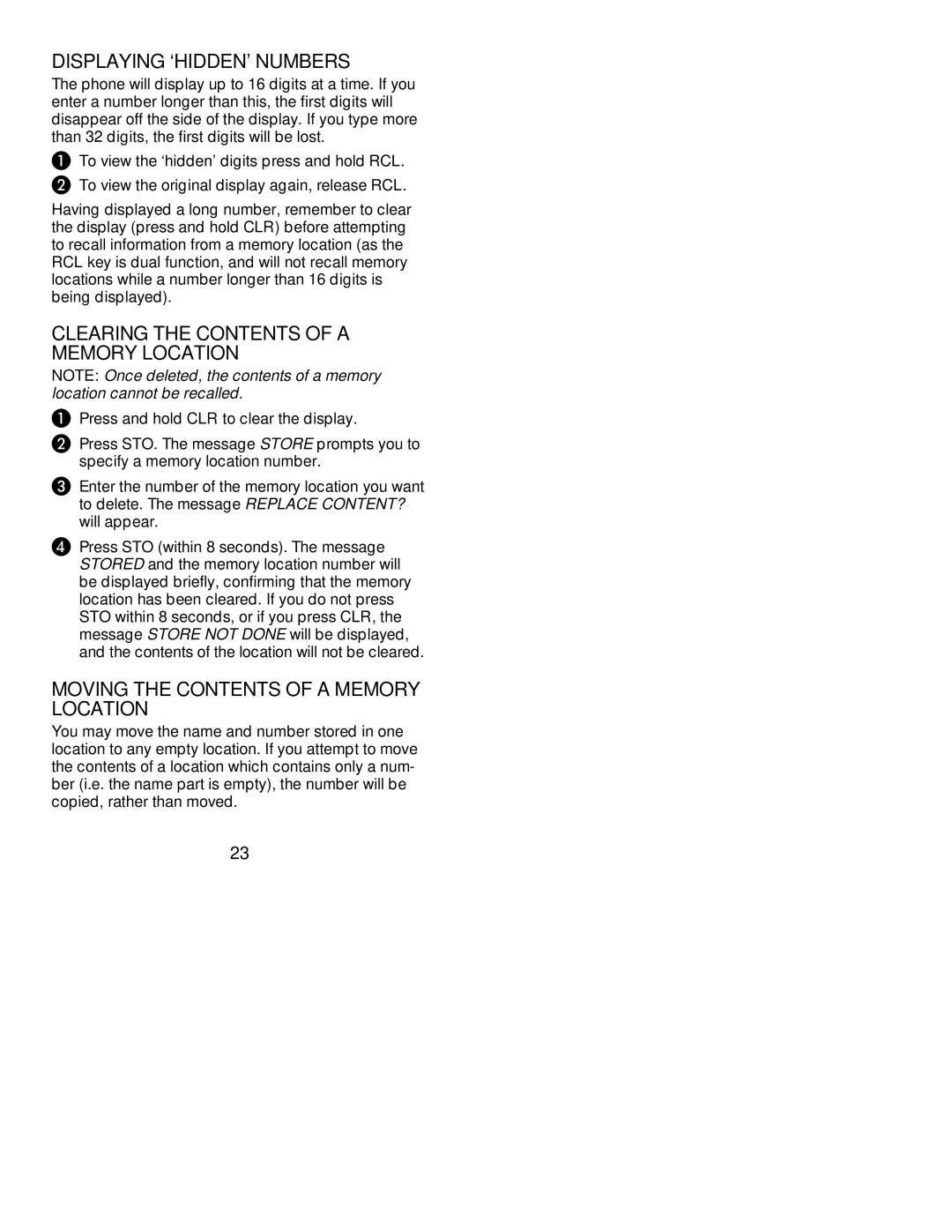 Nokia 239 manual Displaying ‘HIDDEN’ Numbers, Clearing the Contents of a Memory Location 