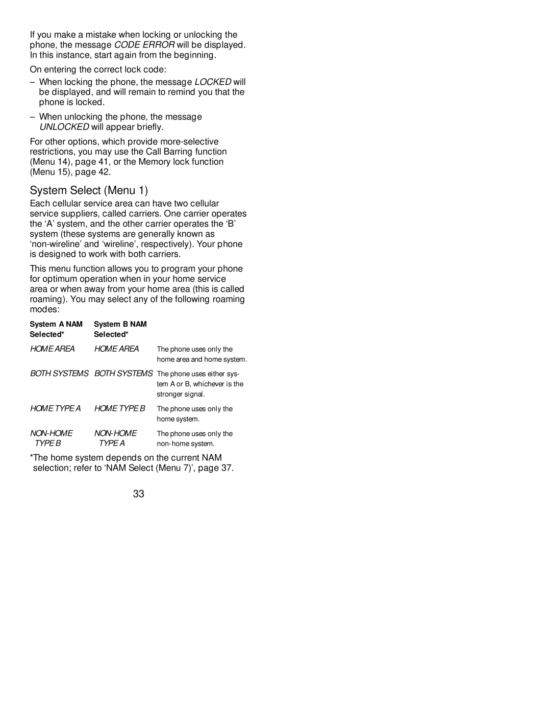 Nokia 239 manual System Select Menu, System a NAM System B NAM Selected, Home system, Non-home system 