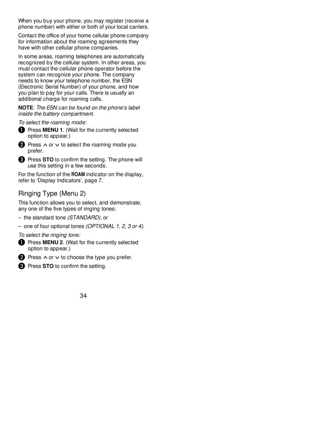 Nokia 239 manual Ringing Type Menu, To select the roaming mode, To select the ringing tone 