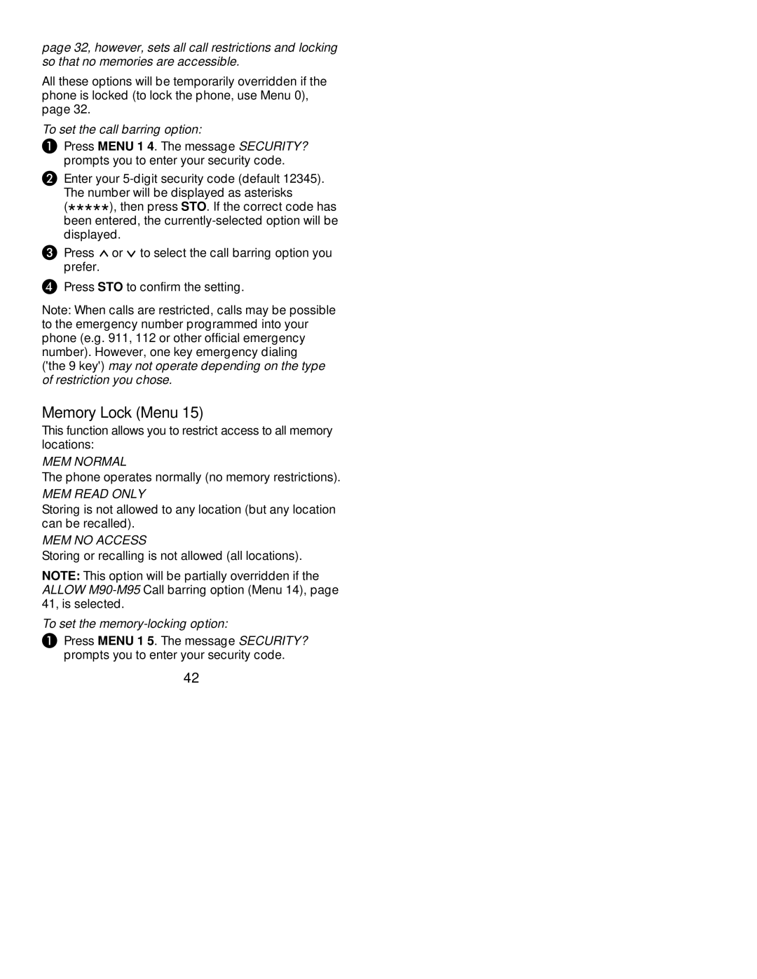 Nokia 239 manual Memory Lock Menu, To set the call barring option, To set the memory-locking option 