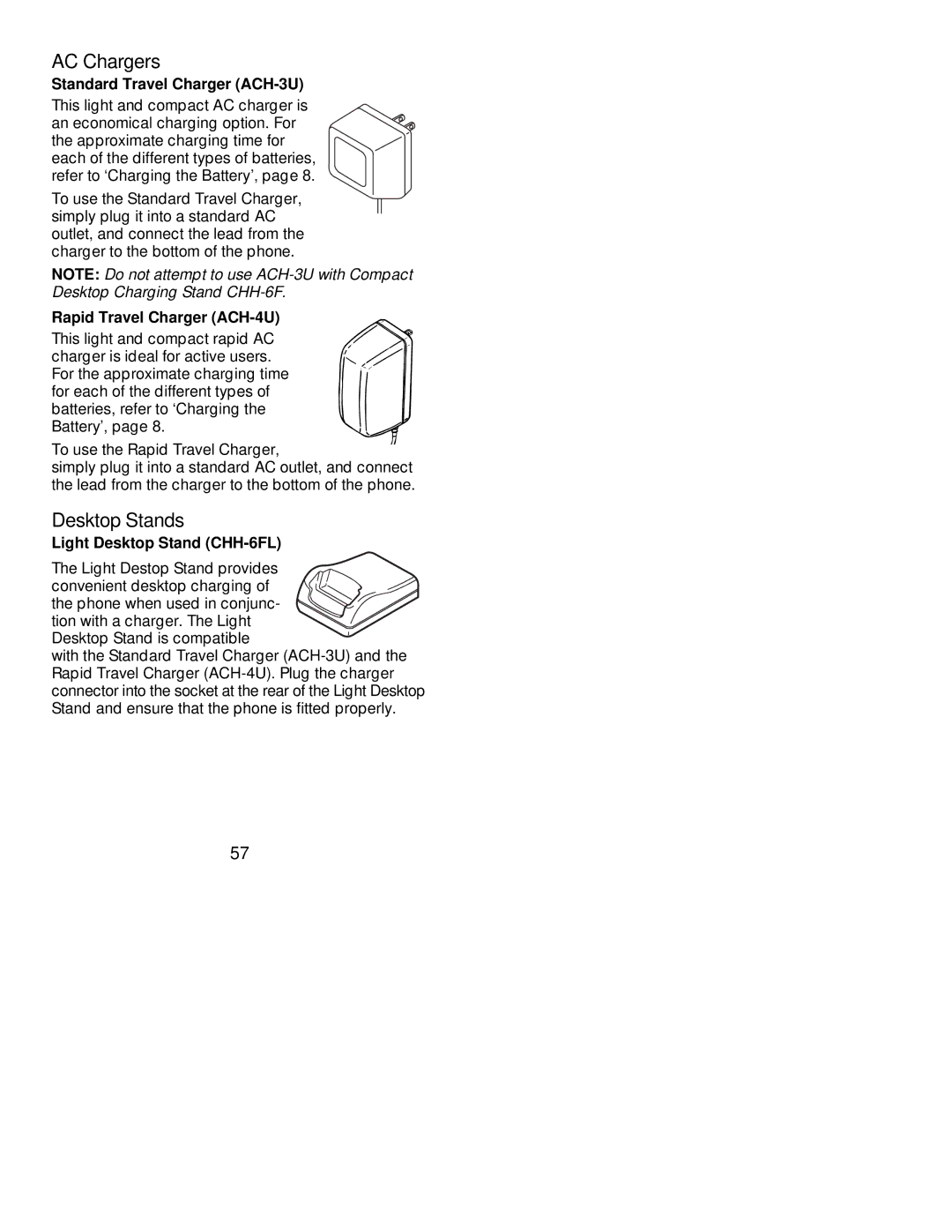 Nokia 239 manual AC Chargers, Desktop Stands, Standard Travel Charger ACH-3U, Rapid Travel Charger ACH-4U 