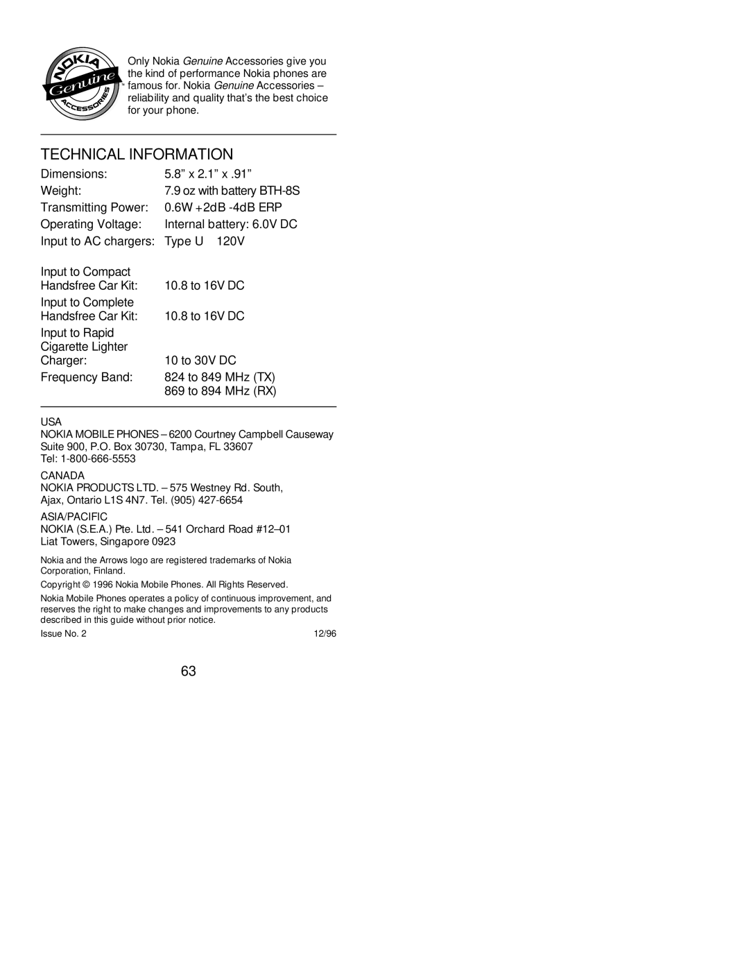 Nokia 239 manual Technical Information, Usa 