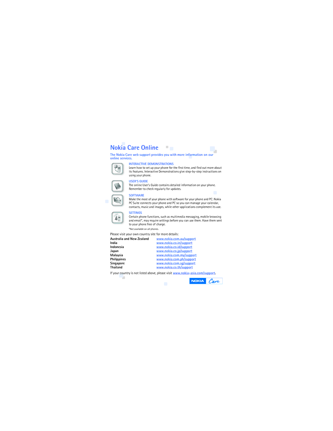 Nokia 2505 manual Nokia Care Online, Interactive Demonstrations 