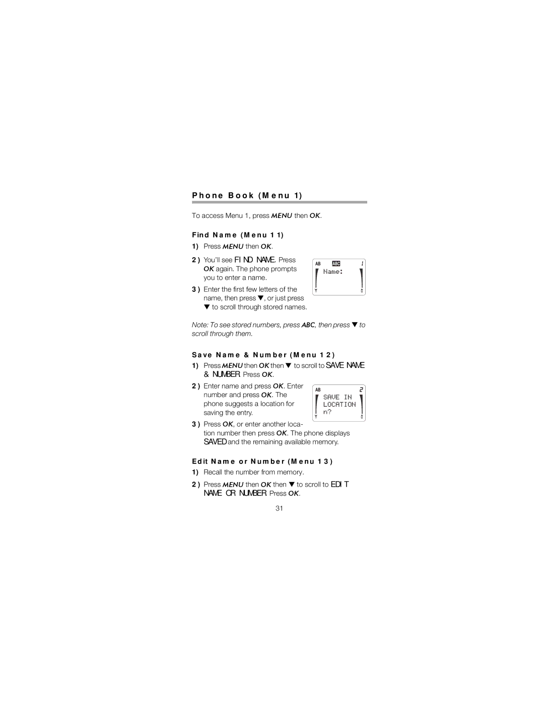 Nokia 252 owner manual Phone Book Menu, Find Name Menu 1, Save Name & Number Menu 1, Edit Name or Number Menu 1 