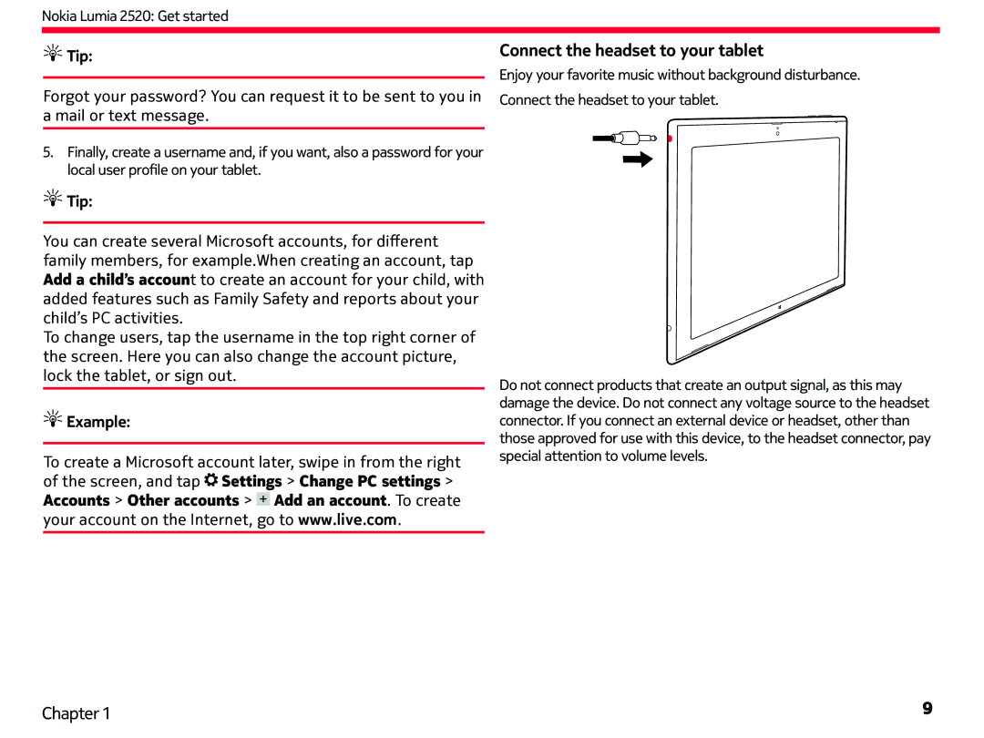 Nokia 2520 manual Connect the headset to your tablet, Tip 