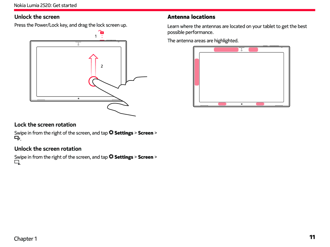 Nokia 2520 manual Lock the screen rotation, Unlock the screen rotation, Antenna locations 