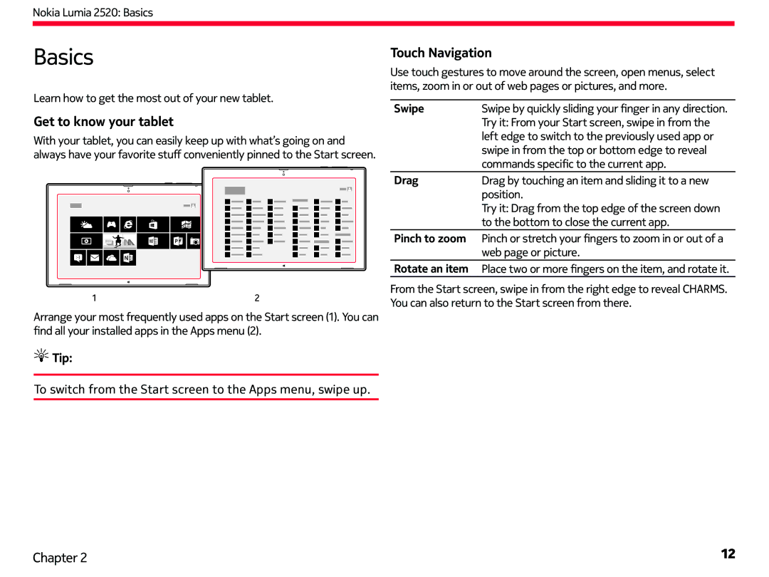 Nokia 2520 manual Basics, Get to know your tablet, Touch Navigation 